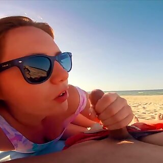 jism on my Nose & Sun Glasses! Risky Amateur Redhead Public Beach fast blowage